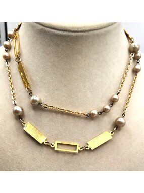 Gold Tone Chain With Floating Faux Pearls With Solid & Open Bars -22"